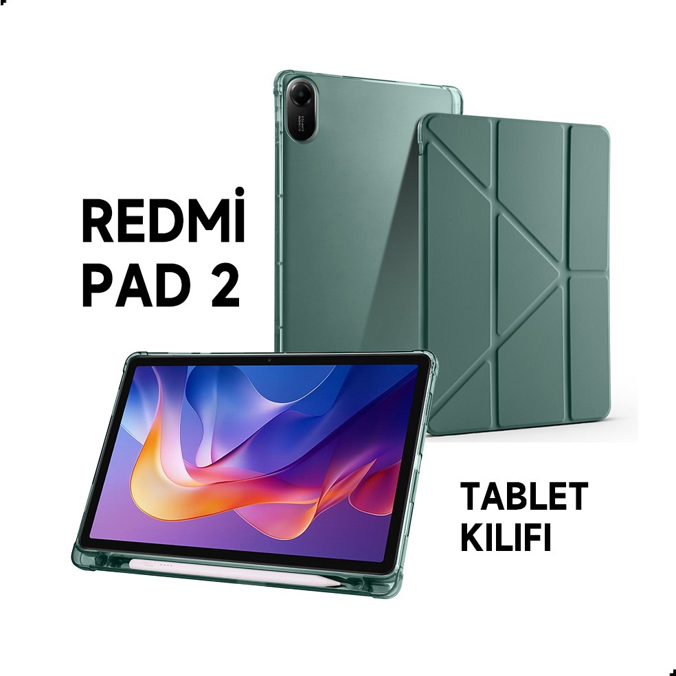 Xiaomi Redmi Pad 2 Uyumlu Kılıf Üçe Katlanan Kalem Bölmeli Standlı Tablet Kılıfı Uyandırma Özellikli - Koyu Yeşil Kalem & Yazı Gereçleri Fiyatı