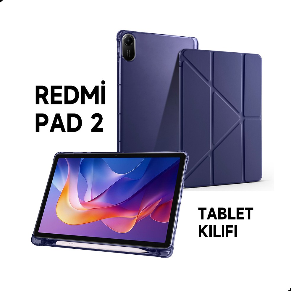 Xiaomi Redmi Pad 2 Uyumlu Kılıf Üçe Katlanan Kalem Bölmeli Standlı Tablet Kılıfı Uyandırma Özellikli - Lacivert Kalem & Yazı Gereçleri Fiyatı
