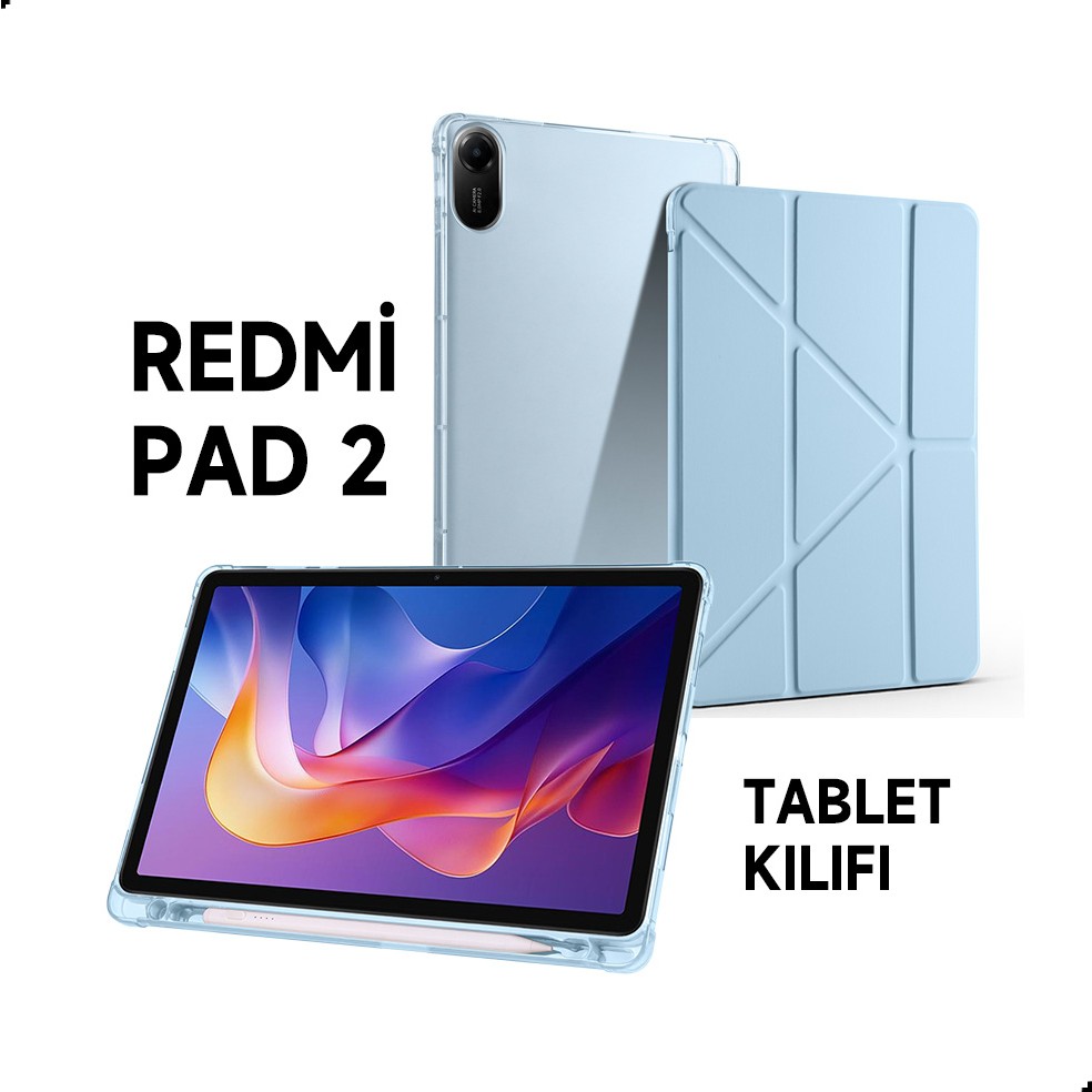 Xiaomi Redmi Pad 2 Uyumlu Kılıf Üçe Katlanan Kalem Bölmeli Standlı Tablet Kılıfı Uyandırma Özellikli - Mavi Kalem & Yazı Gereçleri Fiyatı
