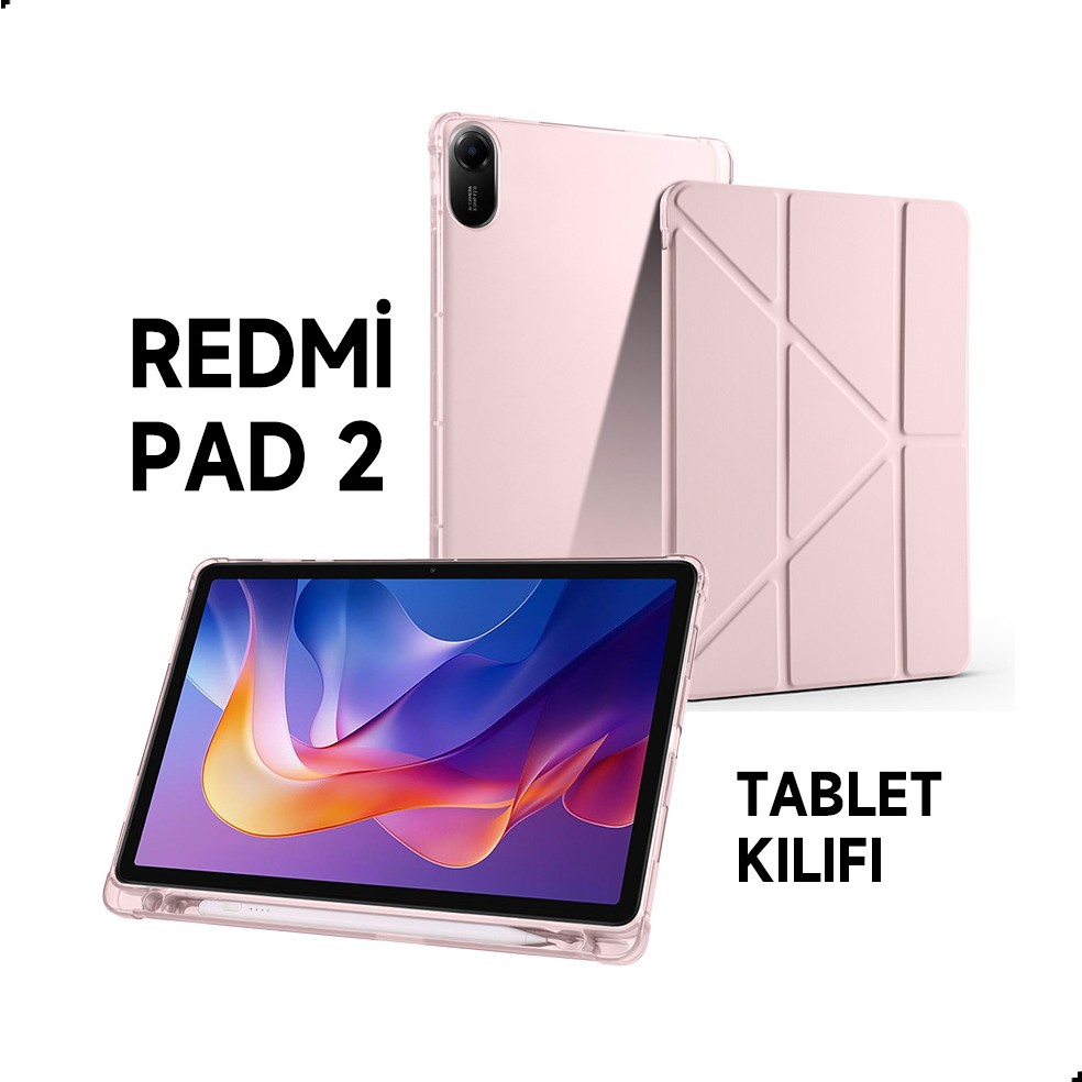 Xiaomi Redmi Pad 2 Uyumlu Kılıf Üçe Katlanan Kalem Bölmeli Standlı Tablet Kılıfı Uyandırma Özellikli - Pembe Kalem & Yazı Gereçleri Fiyatı