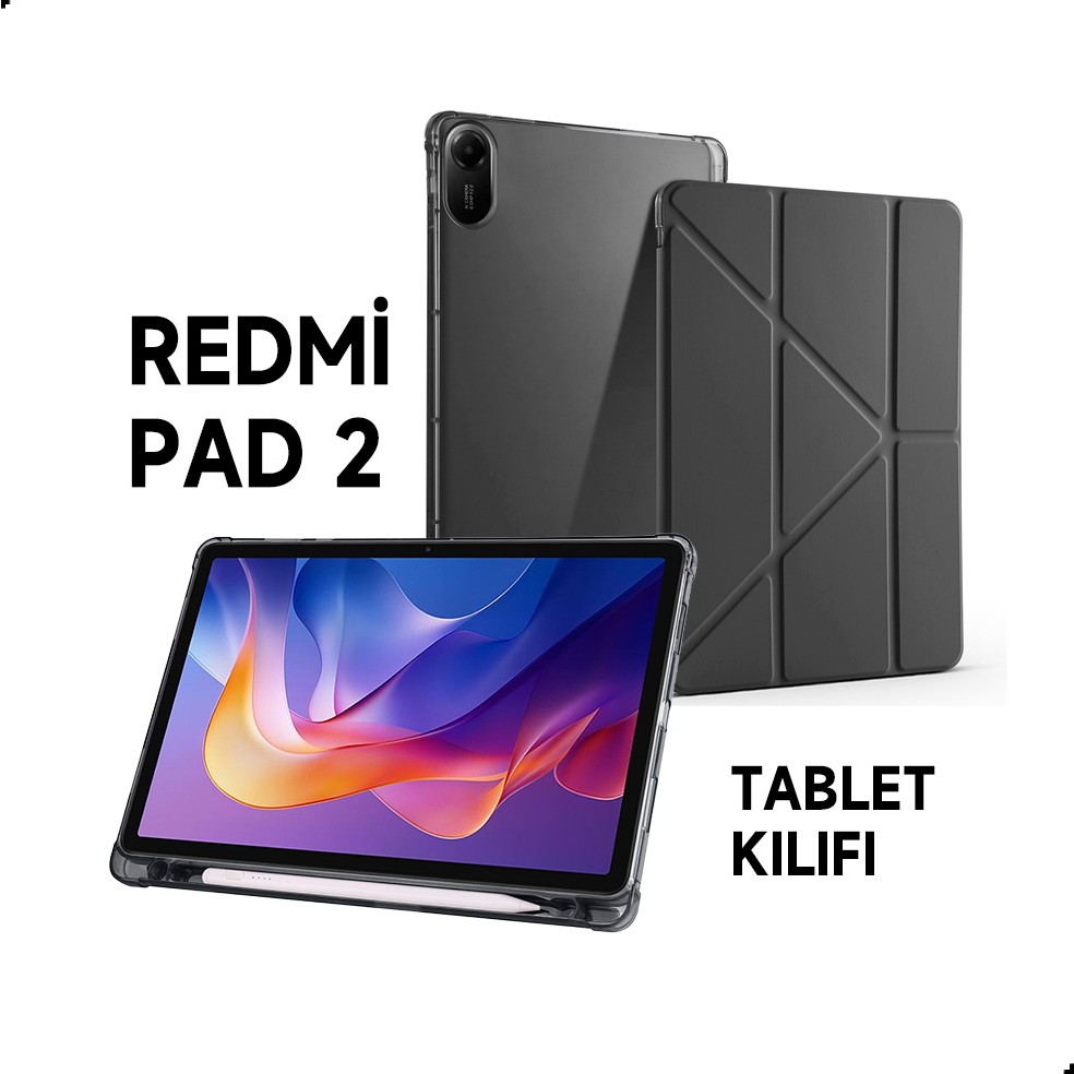 Xiaomi Redmi Pad 2 Uyumlu Kılıf Üçe Katlanan Kalem Bölmeli Standlı Tablet Kılıfı Uyandırma Özellikli - Siyah Kalem & Yazı Gereçleri Fiyatı