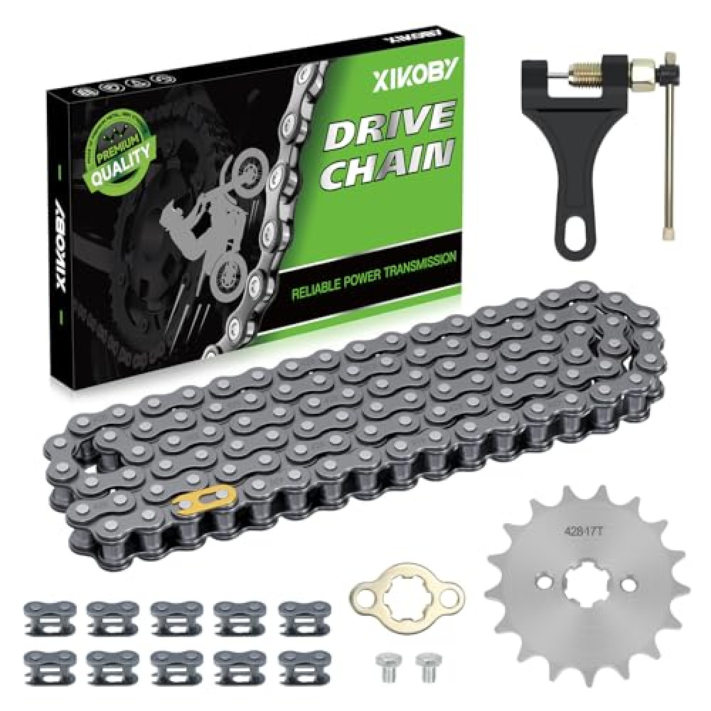 XIKOBY 428 Drive Chain 102 Links with 17T Front Engine Sprocket Compatible with 110cc 125cc 50cc 90cc CRF50 XR50 YZ80 TTR Tao tao Coolster Pit Dirt Bike Vitacci Kazuma ATV Quad 4 Wheeler Go Kart Parts