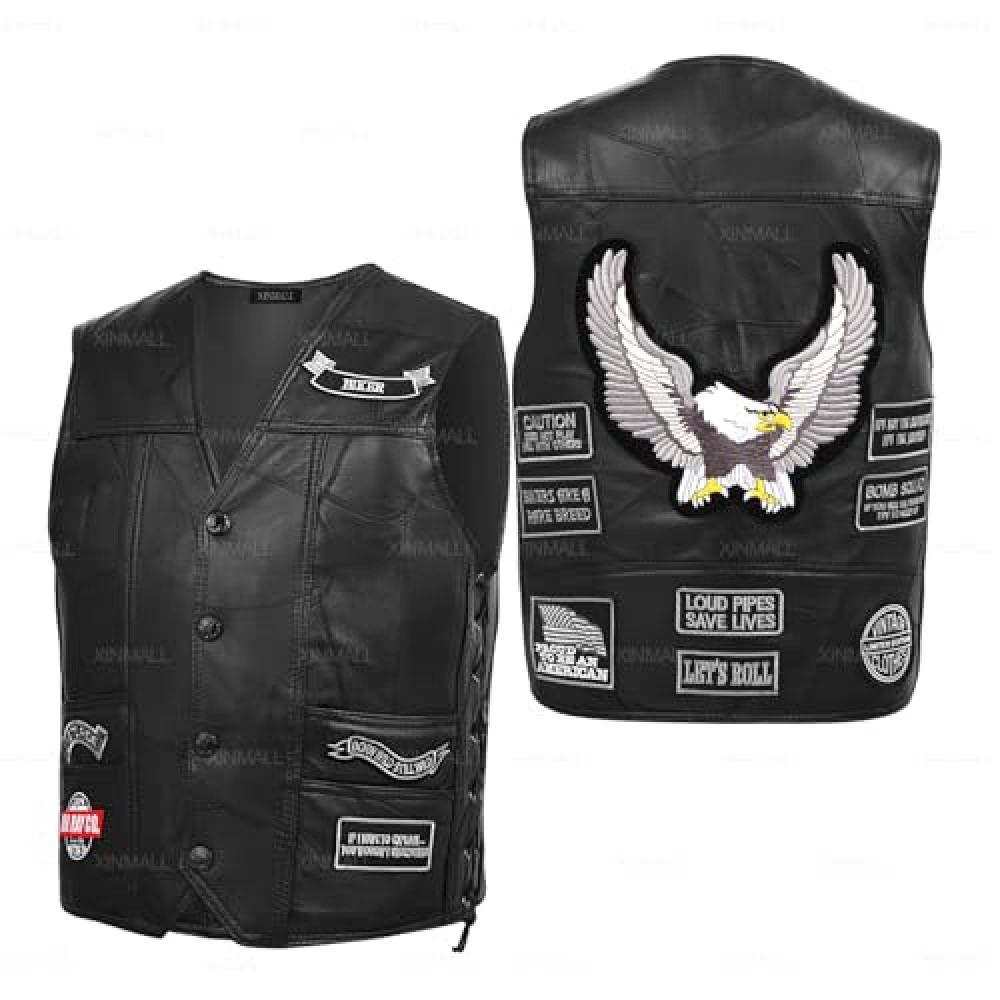 XINMALL Motorcycle Genuine Leather Biker Vest for Men Club Style Classic Black With Patches (US, Alpha, XX-Large, Regular, Regular, Black)