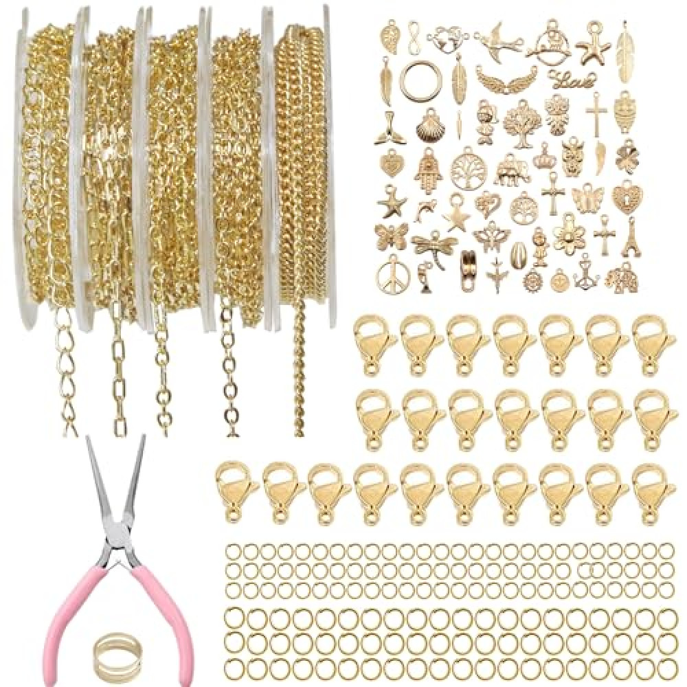 XKCWXY 14K Gold Chain for Jewelry Making,16.4 ft 5 Rolls Jewelry Chains Bulk for DIY Necklace Bracelet Jewelry Making Accessories with Charm Pendants Jump Rings Lobster Clasps Pliers