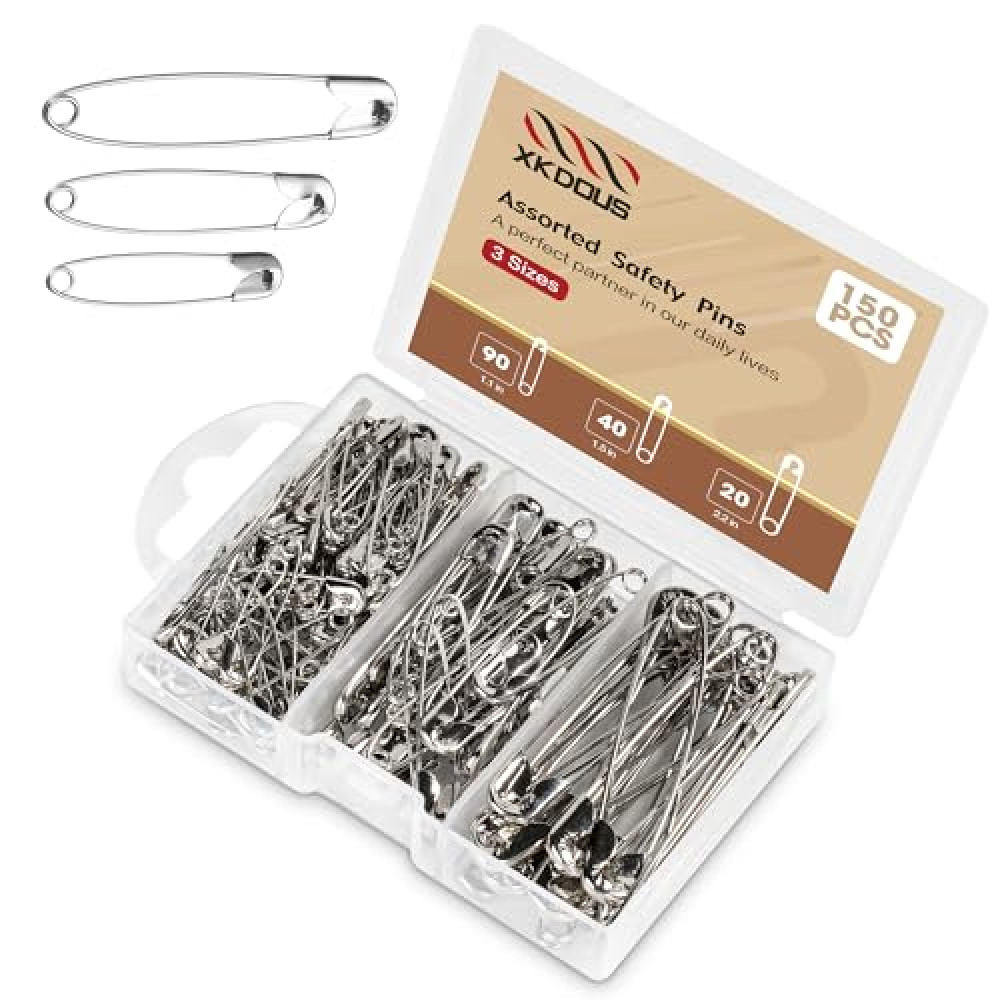 XKDOUS Safety Pins - 150 Pcs Assorted Sizes Silver Pins Bulk - Small & Large Heavy Duty for Clothes, Sewing, Craft Sewing Machine Accessories Fiyatı