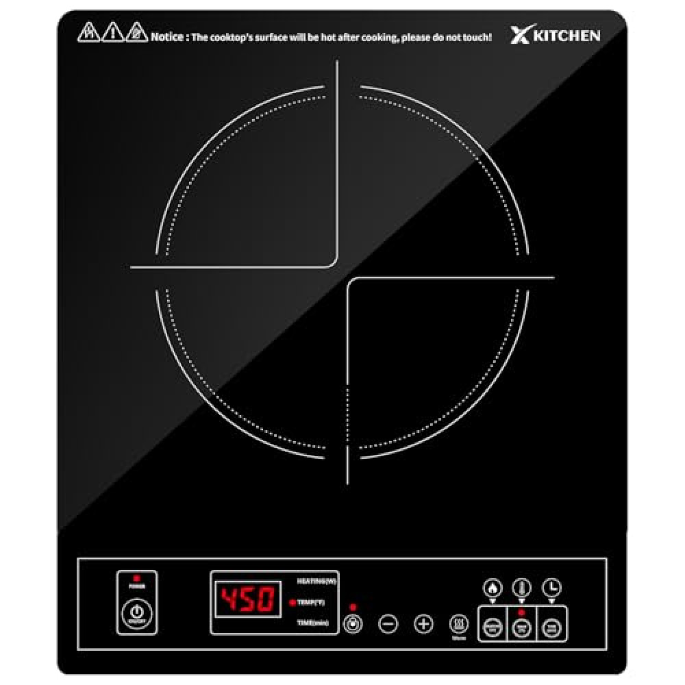 XKitchen Portable Induction Cooktop, 1800W Induction Burner with 9 Power levels, 12 temperature levels(140℉-465℉), Safety Lock, 3-Hour Timer, Countertop Burner with Warm Function, Black, 110V