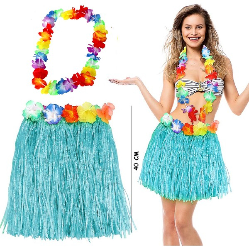 XMARKETTR Parti Aksesuar Hawaii Luau Aloha Mavi Püsküllü 40 cm Etek ve Hawaii Kolye Seti - STANDART - Renkli Gümüş Kolye Fiyatı