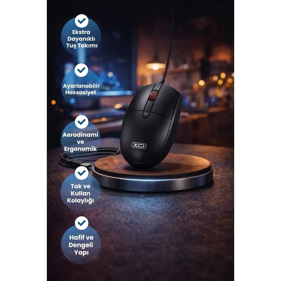 Xo Hassas Optik Sensörlü Sessiz ve Ergonomik Kablolu Mouse 2000 DPI Ayarlanabilir - Siyah Diğer Fiyatı