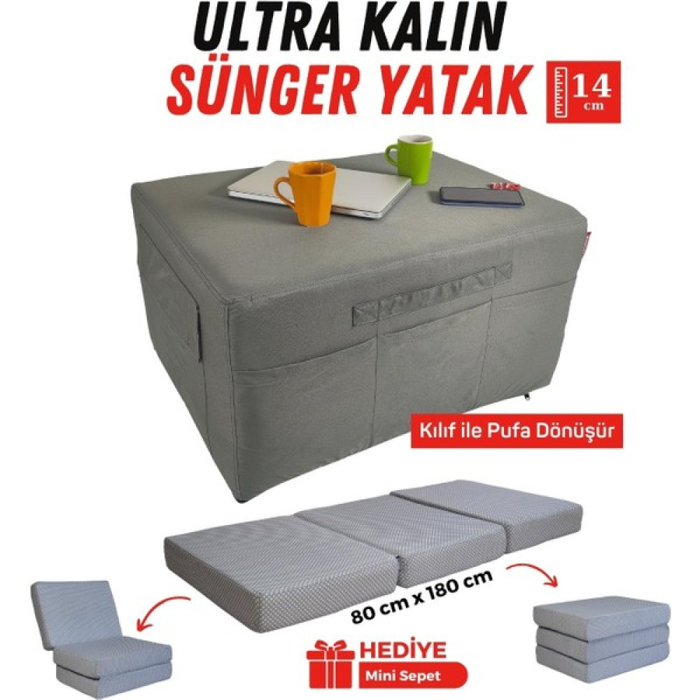 Xpermate Ultra Kalın Katlanır Sünger Yatak, Yer Yatağı, Katlanır Yer Minderi, Katlanır Yatak, Misafir Yatağı 80x180x14, Gri Puantiyeli - 80 x 180 cm Yatak Fiyatı