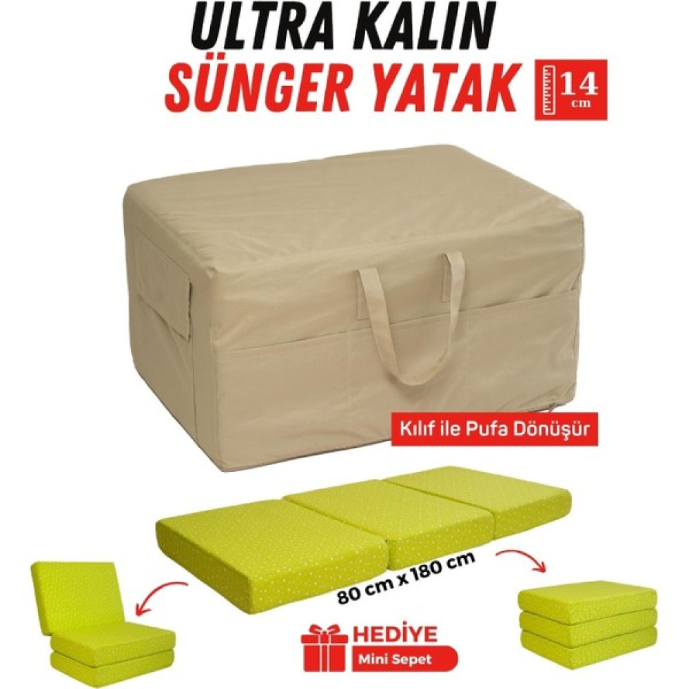 Xpermate Ultra Kalın Katlanır Sünger Yatak, Yer Yatağı, Katlanır Yer Minderi, Katlanır Yatak, Misafir Yatağı 80x180x14, Yeşil - 80 x 180 cm Yatak Fiyatı