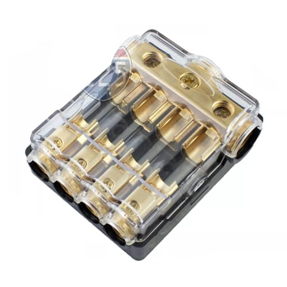 Xscorpion AGU Distribution Block, 3-Input 0/2/4 Gauge, 4-Output 4/8 Gauge, with Adapters (Gold)