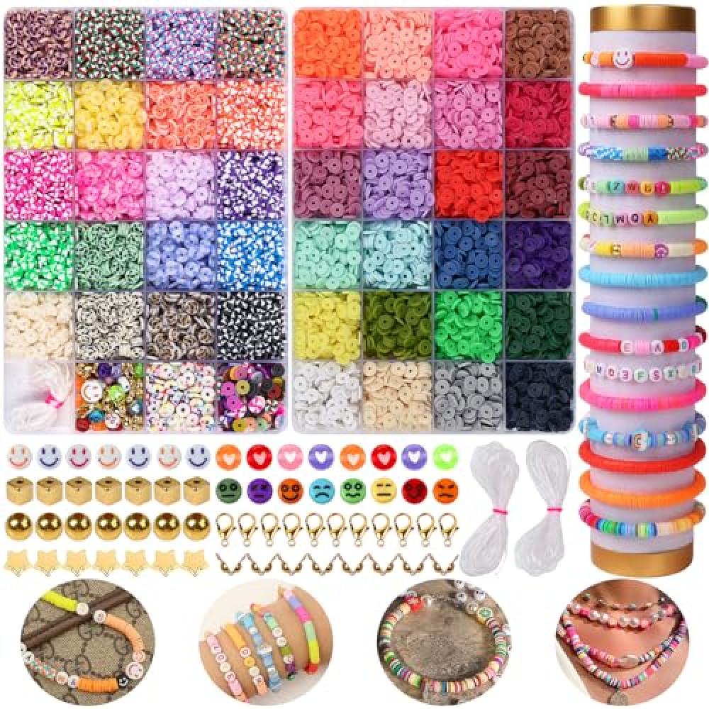 XSEINO 9000PCS Clay Beads Bracelet Making Kit,46Colors Flat Friendship Polymer Heishi Beads for Jewelry Making with Rich Jewelry Making Accessories for Crafts Christmas Gifts