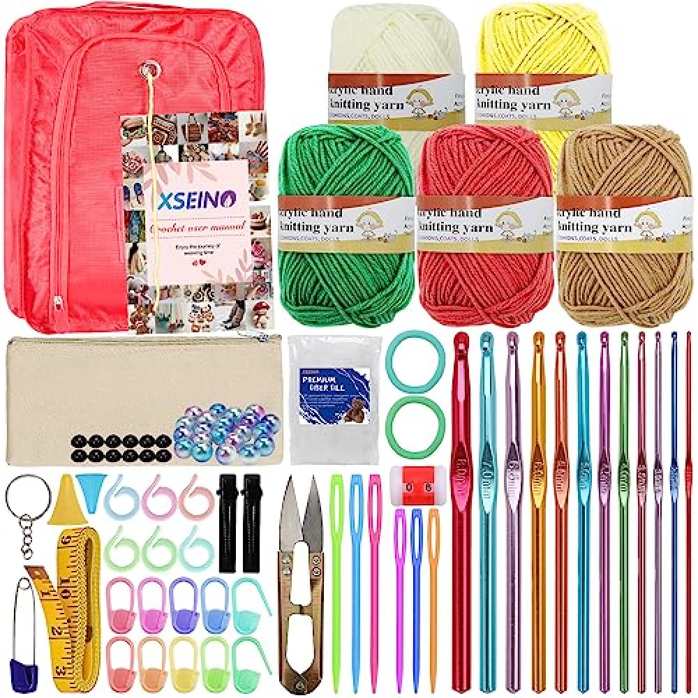 XSEINO Crochet Kit Beginners Crochet Hooks Set with Crochet Yarn,102PCS Premium Crochet Set, Accessories Kit, Crochet Bag and Lot More Crochet Supplies