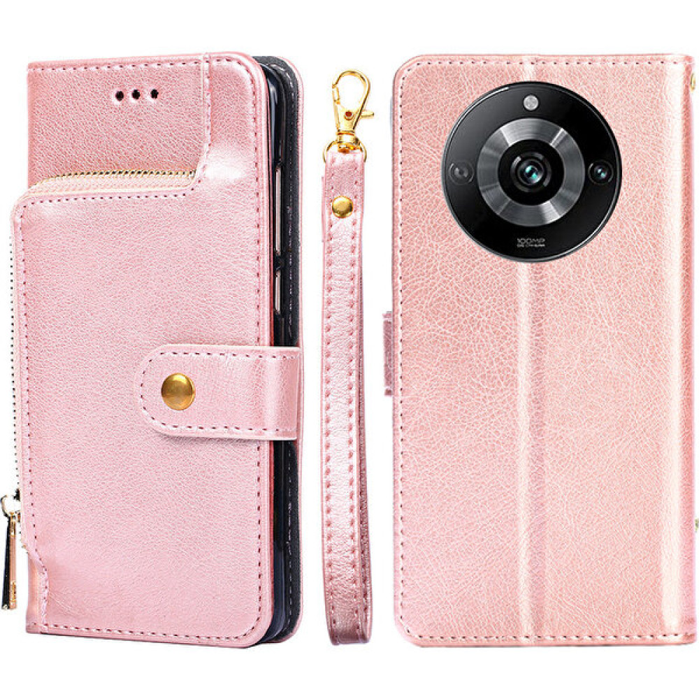 Xshop Realme 11 Pro 5g / 11 Pro+ 5g Stand Stand Cüzdan Kılıf Anti-Drop Zipper Cep Pu Deri Telefon Kapağı Kayışlı (Yurt Dışından) - Rose Gold Cep Telefonu Kılıfı Fiyatı