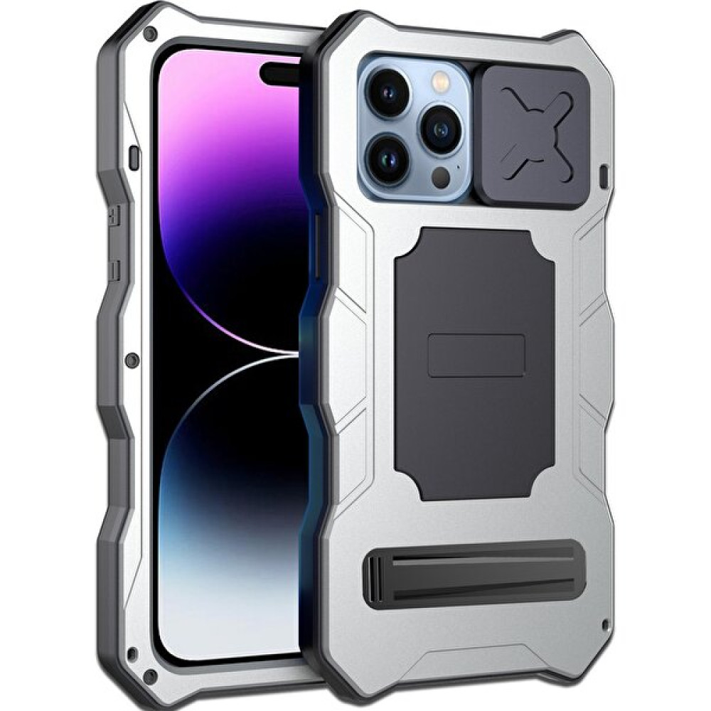 Xstep Case iPhone 14 Pro Maks Metal Çerçevesi + Silikon Sağlam Telefon Koruyucu Kickstand Slayt Kamera Lens Kapak (Yurt Dışından) - Gümüş Cep Telefonu Kılıfı Fiyatı