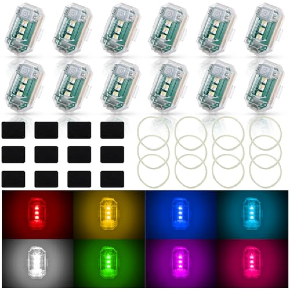 Xuhal 12 Pcs Wireless LED Strobe Lights with Remote Control 8 Colors RGB High Brightness Waterproof Anti Collision USB Warning Lights for Car Motorcycle RC Aircraft Bike(Classic,White)
