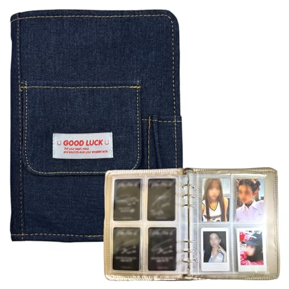 Y2K Denim Kpop Photocard Binder with 40 Pcs Inner Sleeves 6 Ring 4-Pocket Photo Card Collect Book Hold Up to 160 Cards (Dark Blue)