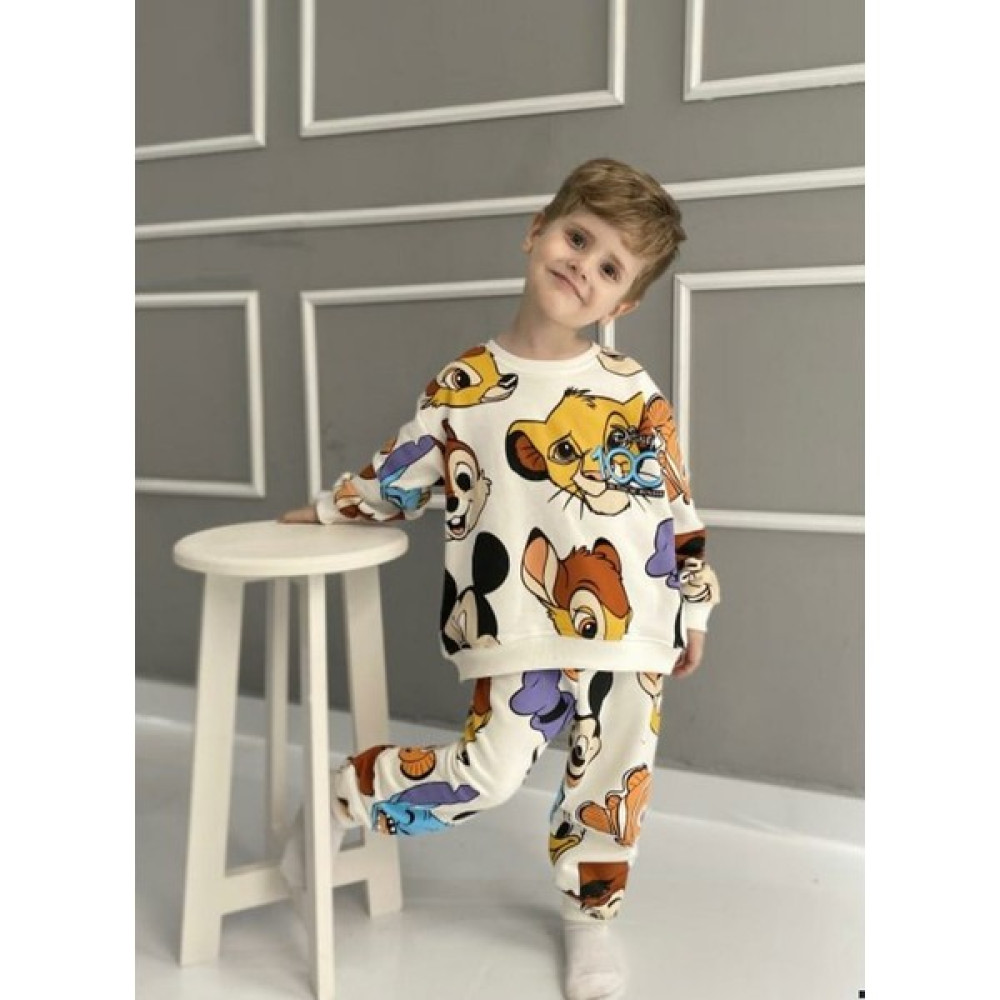 Yağızgil Çocuk Aslan Mickey Bambi Baskılı Pamuklu Sweatshirt Eşofman Alt-Üst Takım Kreş Tarzı Takım Erkek Çocuk Giyim Takımı Fiyatı