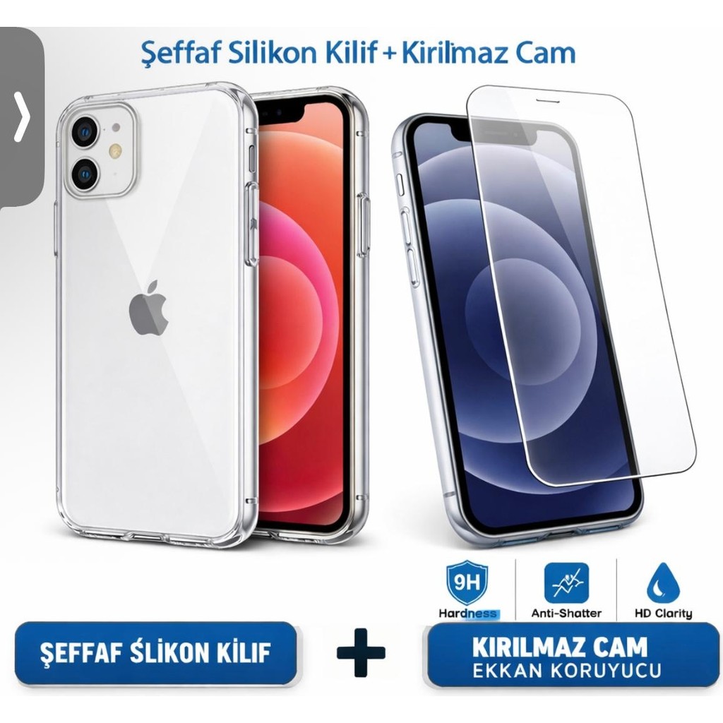 Yağızgil iPhone 11 / 12 / 13 / 14 Uyumlu Şeffaf Silikon Kılıf + Kırılmaz Cam Ekran Koruyucu Ikili Set | 9h Temperli, Darbe Emici, Tam Uyum, Şeffaf ... Diğer Fiyatı