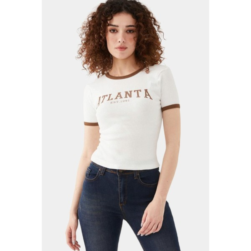 Yagmur Beren Atlanta Baskılı Fitilli Kısa Tshirt Bayan T-shirt Fiyatı