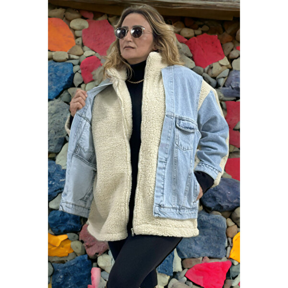Yağmur Beren Jean Garnili Zara Model Astarlı Büyük Beden Peluş Mont Bayan Mont Fiyatı