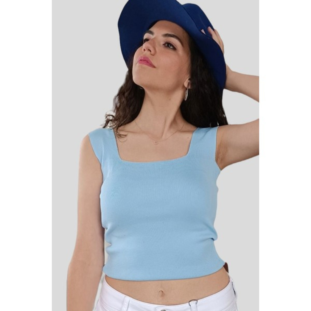 Yagmur Beren Kare Yaka Kalın Askı Örme Crop Bluz Bluz Fiyatı