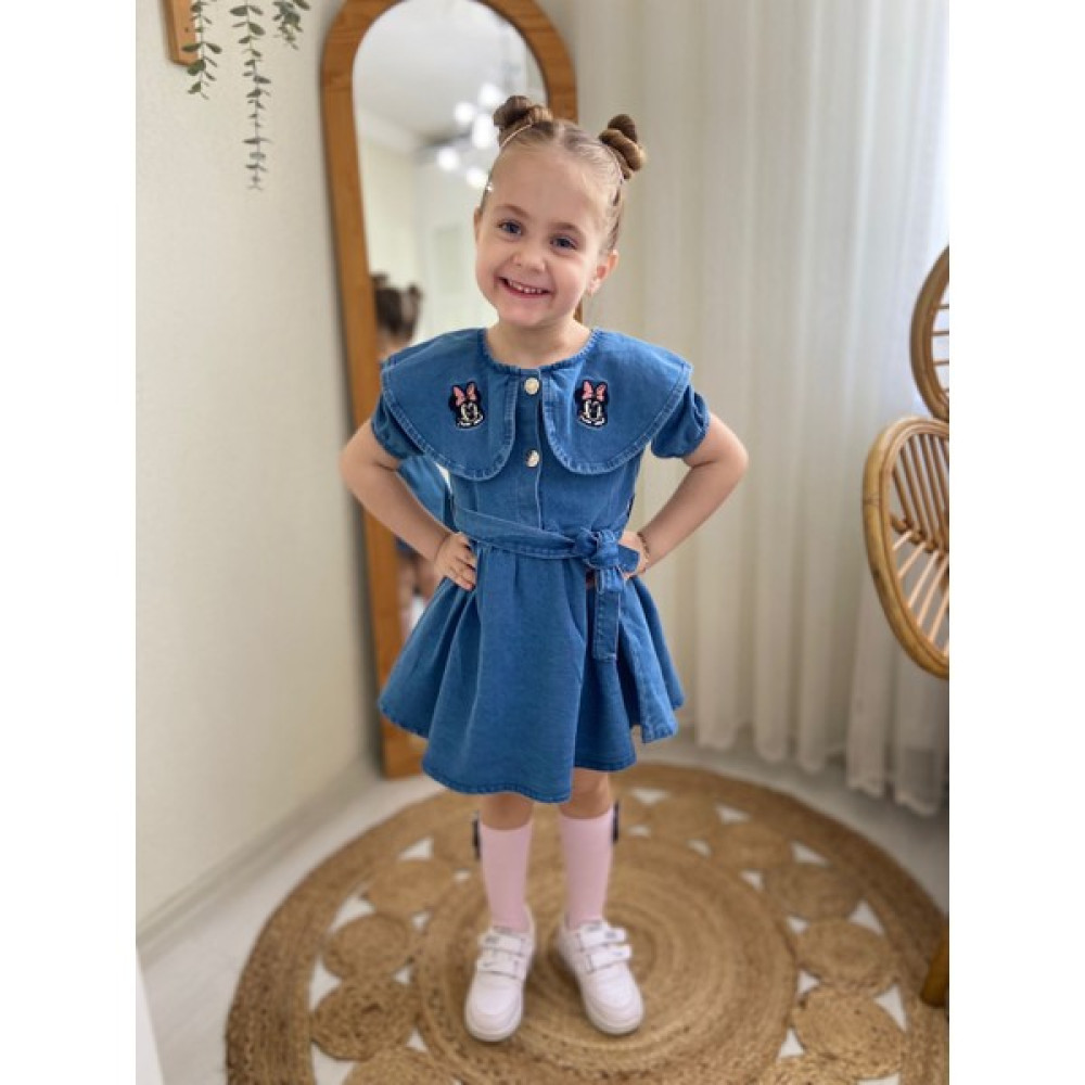 Yağmurun Butiği Minni Mouse Nakışlı Kuşaklı Kısa Kollu Kot Elbise Kız Çocuk Elbise Fiyatı