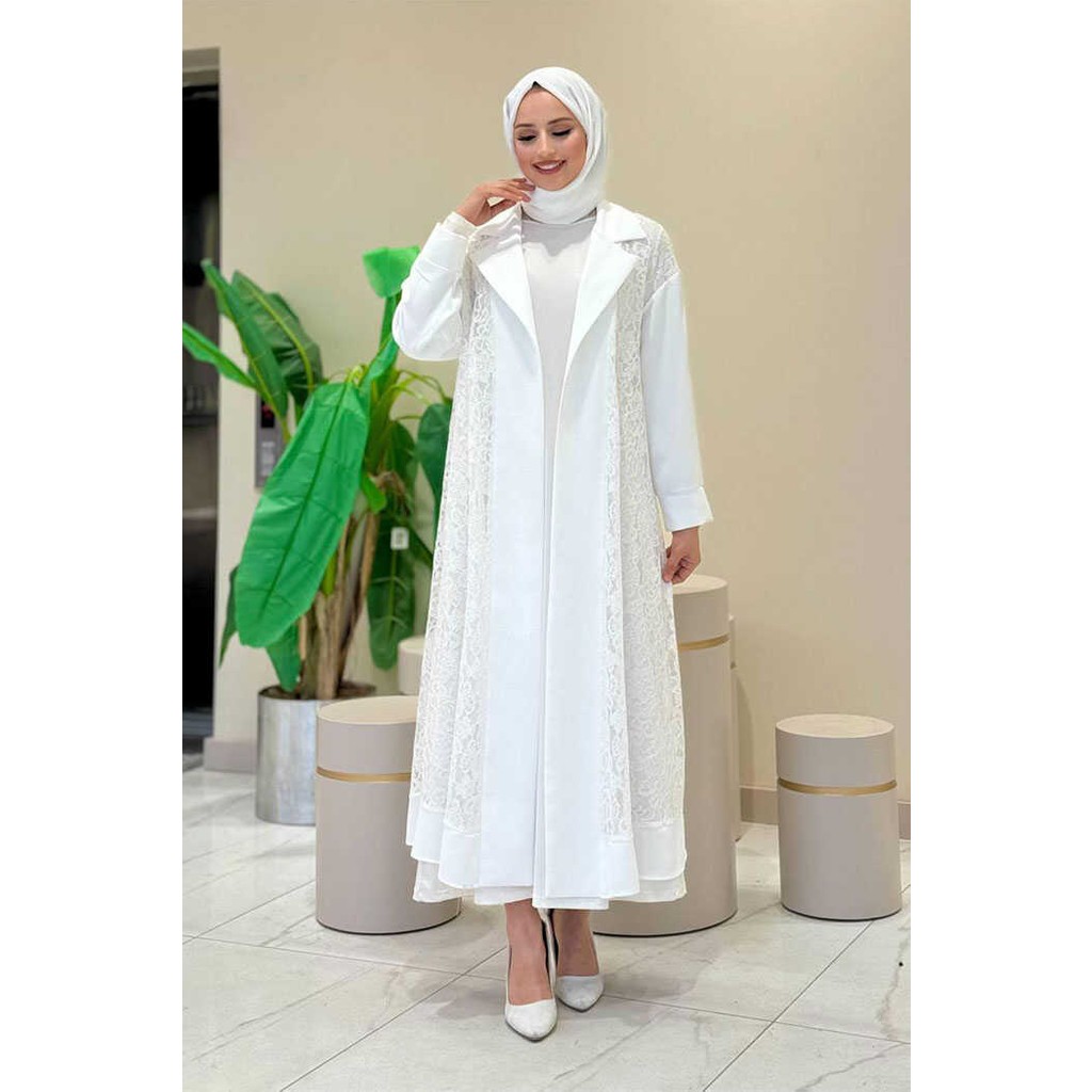 Yakalı Dantel Güpür Detay Abaya 7830 Ekru Ferace Fiyatı