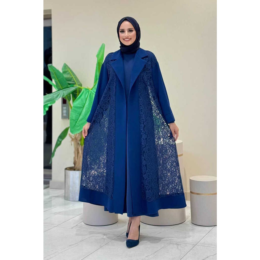 Yakalı Dantel Güpür Detay Abaya 7830 Lacivert Ferace Fiyatı
