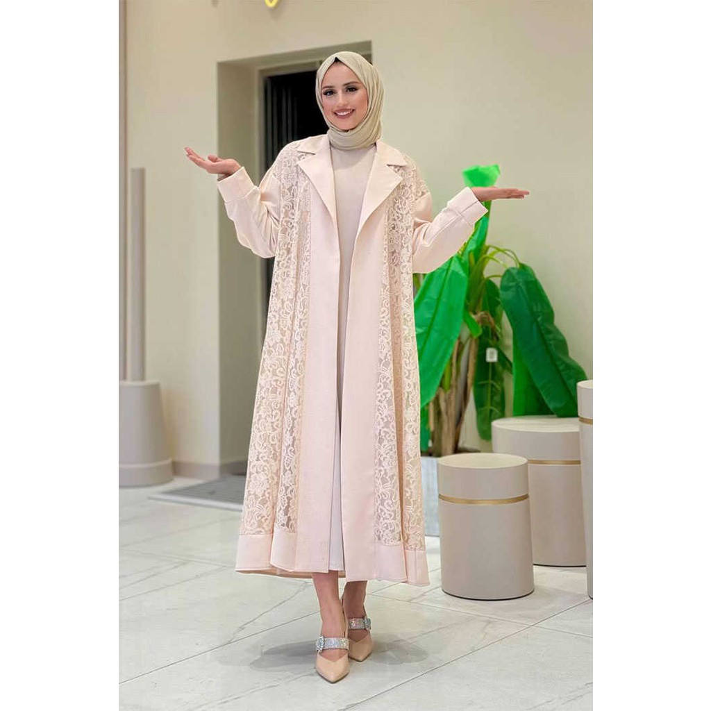 Yakalı Dantel Güpür Detay Abaya 7830 Taş Ferace Fiyatı