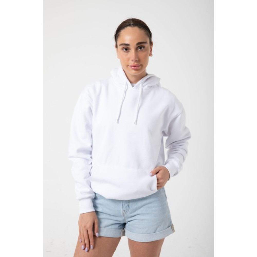 Yakamel Beyaz Baskısız Kanguru Cepli Kapüşonlu 3 Iplikli Şardonlu Oversize Kadın Sweatshirt Bayan Sweatshirt Fiyatı