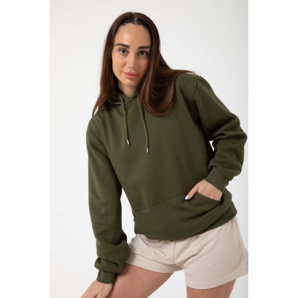 Yakamel Haki Yeşil Baskısız Kanguru Cepli Kapüşonlu 3 Iplikli Şardonlu Oversize Kadın Sweatshirt Bayan Sweatshirt Fiyatı