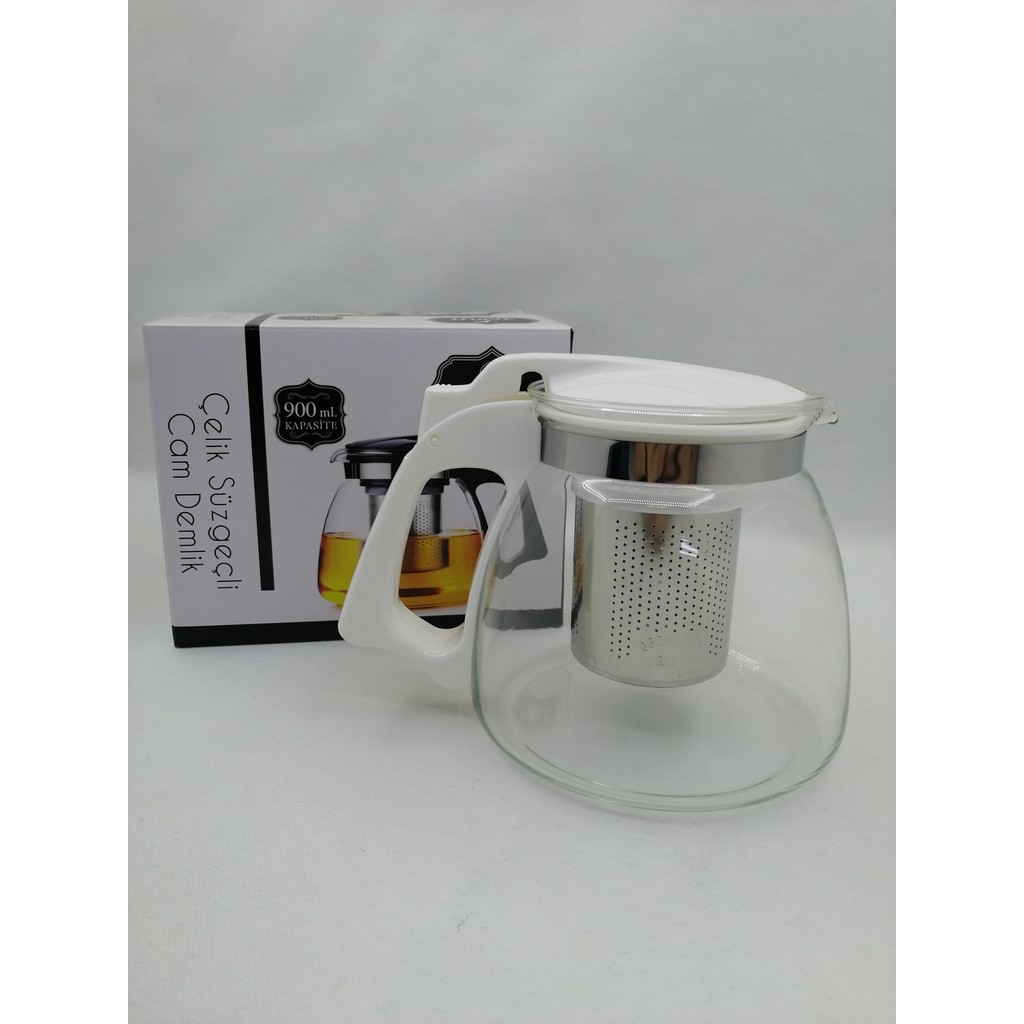 Yakut Çelik Süzgeçli Cam Demlik- Beyaz 900 ml. Diğer Fiyatı