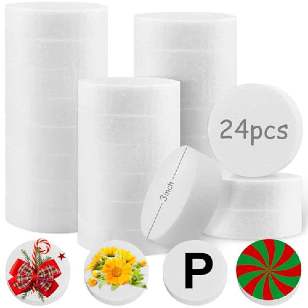 Yalumo 3 Inch Foam Circles for Crafts, 24 Pack 1 Inch Thick Polystyrene Round Foam Discs for DIY Projects, Cakes, Decorations, Modeling, Sculpture, School Projects, Arts and Crafts Supplies, White