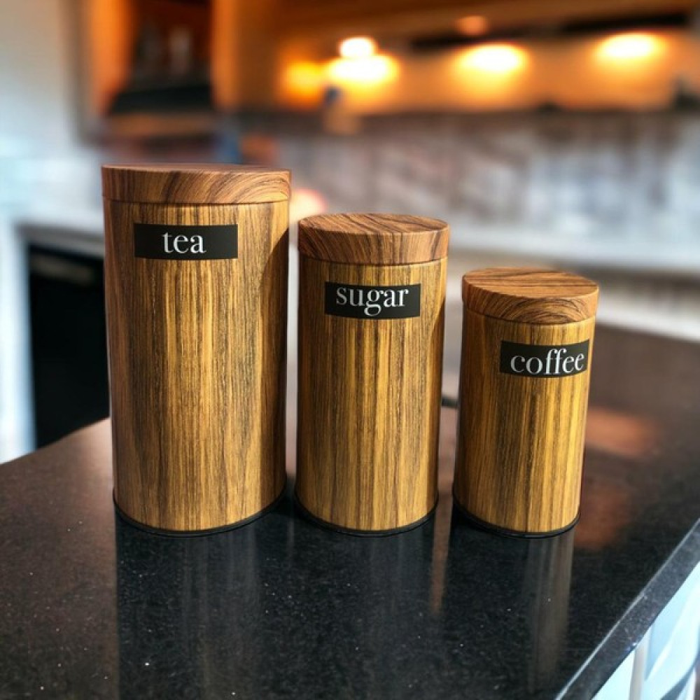 Yamaç Home 3'lü Set Metal Çay Kahve Şeker Saklama Kavanozu - Ahşap Desen Saklama Kapları Fiyatı