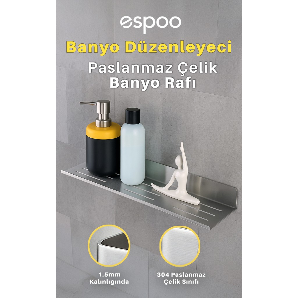 Yapışkanlı ve Vidalı Paslanmaz Çelik Banyo Rafı, Düzenleyici Duşakabin Için Şampuanlık Sabunluk Seti - Gümüş Duşakabin Fiyatı