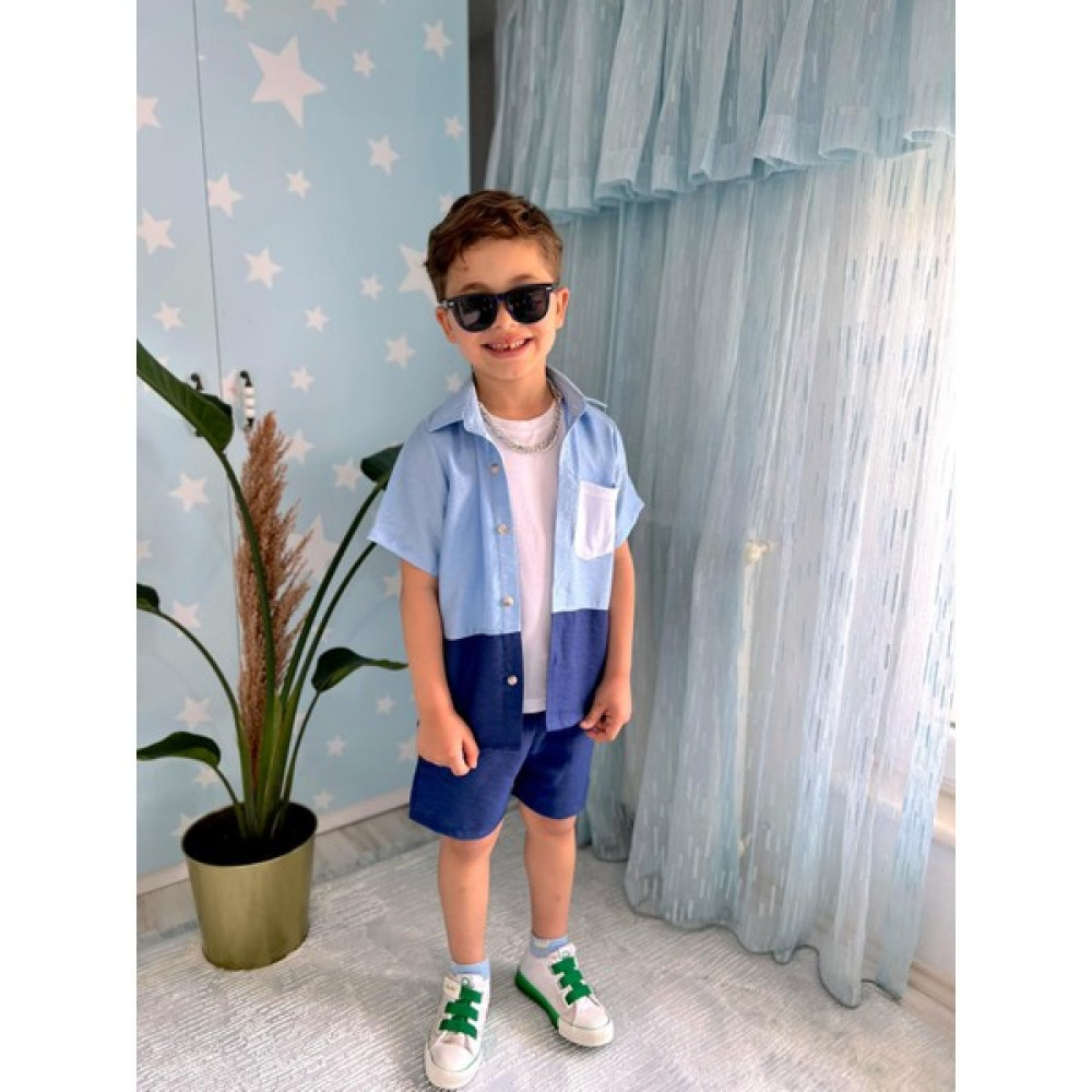 Yaren Kids 3’lü Takım Erkek Çocuk Mavi Gömlek Beyaz T-Shirt ve Mavi Şort Takım Erkek Çocuk Giyim Takımı Fiyatı