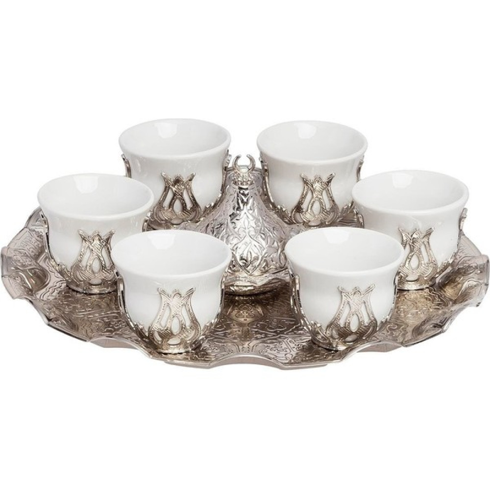 Yaren Style Altılı Gümüş Metalli Kahve Fincanı Takımı – Mırra Kahvesi Sunumu Için Özel Set | Arap Espresso & Zemzem Takımı - 70 ml Fincan / Bardak / Kahve Takımı Fiyatı