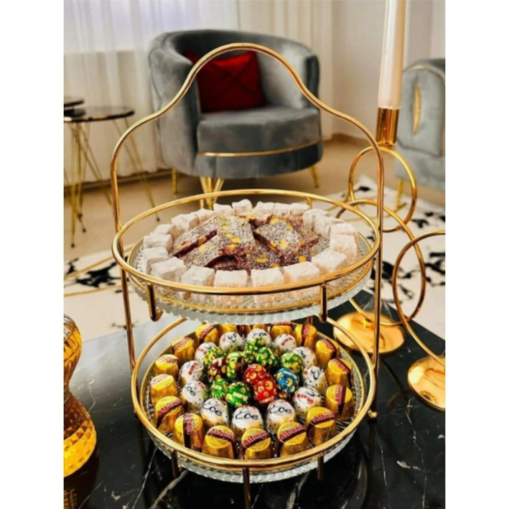 Yaren Style İki Katlı Gold Pasta , Kek ve Kahvaltı ve Meyve Sunumluk 24CM- Tabaklar Temsilidir. Mutfak Gereçleri Fiyatı