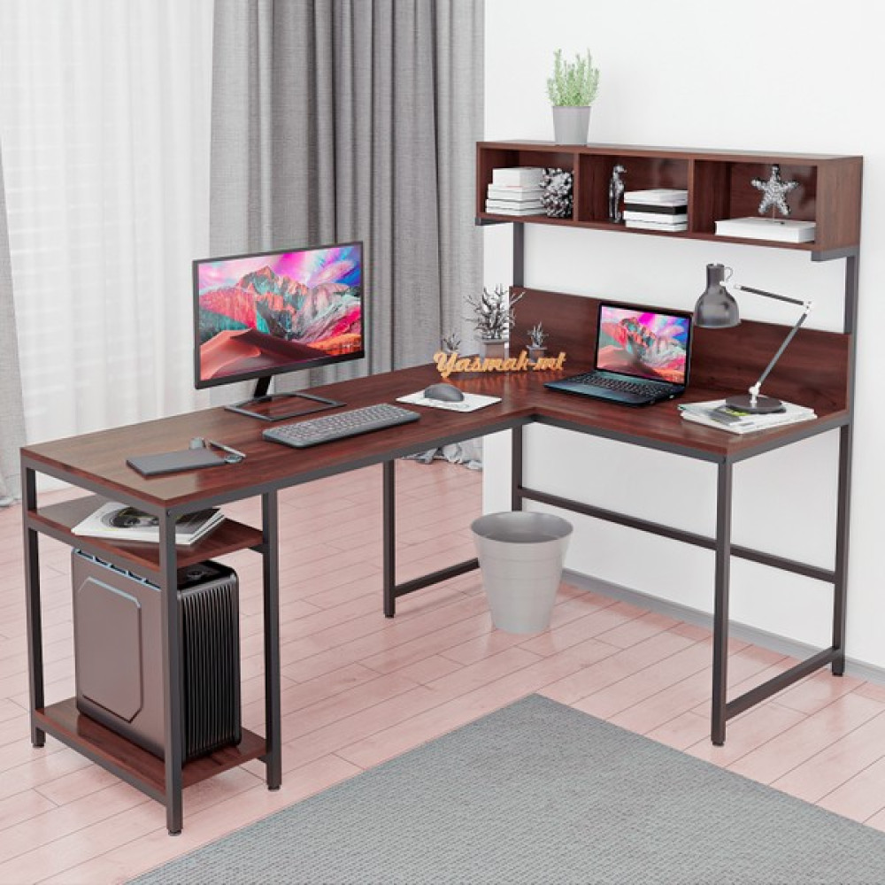 Yasmak Ceviz Yüksek Raflı L Ofis ve Çalışma Masası - Y: 75 cm D: 60 cm G: 180 cm - Kiraz Çalışma Masası Fiyatı