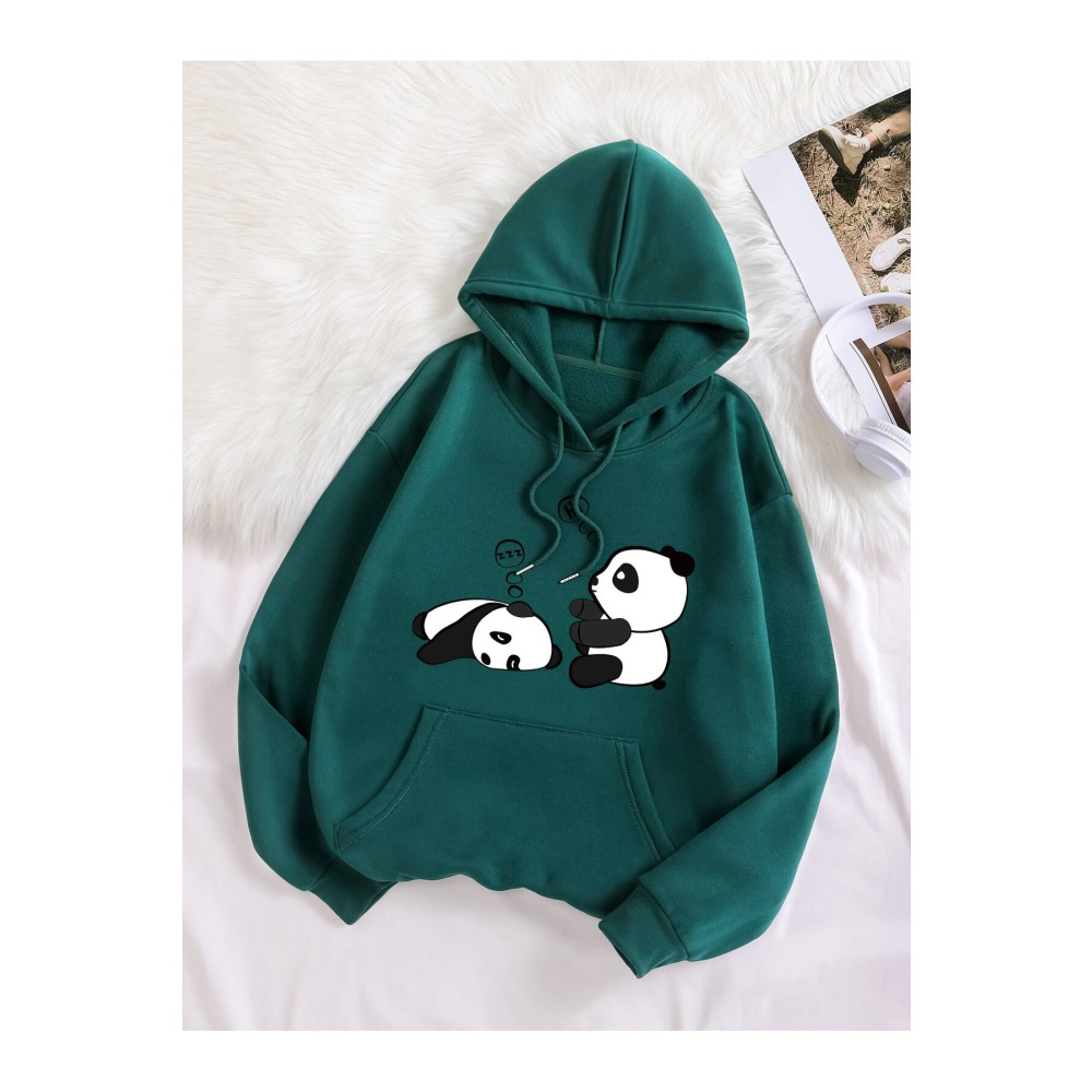 Yasolin Unisex Kadın/Erkek Haki PANDA Özel Baskılı Oversize Kapüşonlu Sweatshirt XL Beden Bayan Sweatshirt Fiyatı