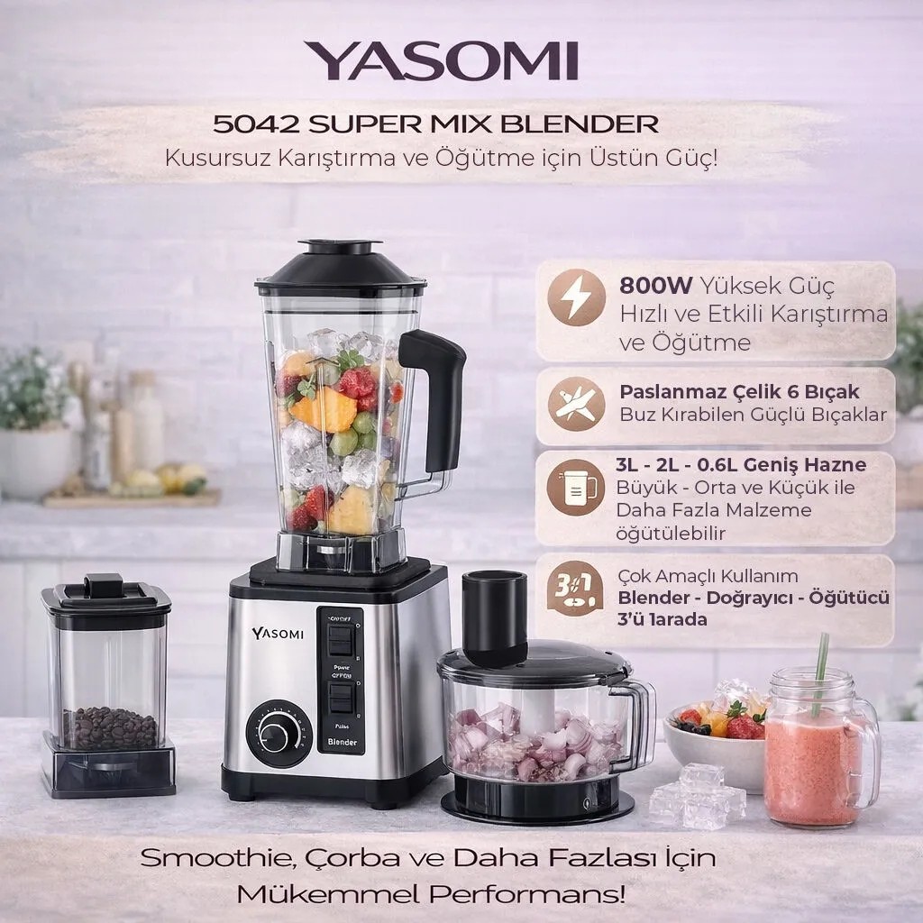 Yasomi 5042 Buz Kırıcı 800W Super Mix 3 Lt Hazne Kapasiteli Blender - Siyah Blenderler Fiyatı