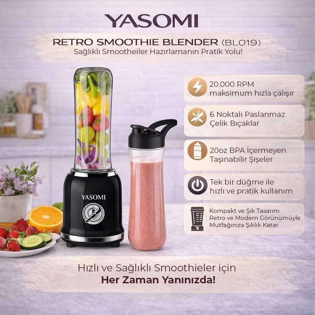 Yasomi BL019 Retro Smoothie Blender Siyah (Yasomi Türkiye Garantili) Blenderler Fiyatı
