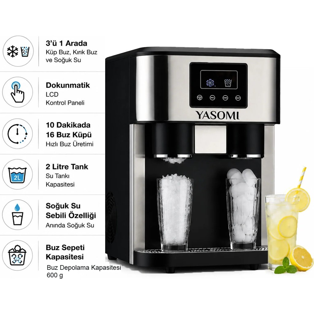 Yasomi Coolmaster ZBS15 3in1 Küp & Kırılmış Buz, Soğuk Su LCD Dokunmatik Inox Gövde 2l Tanklı Buz Makinesi Buz Yapma Makineleri Fiyatı