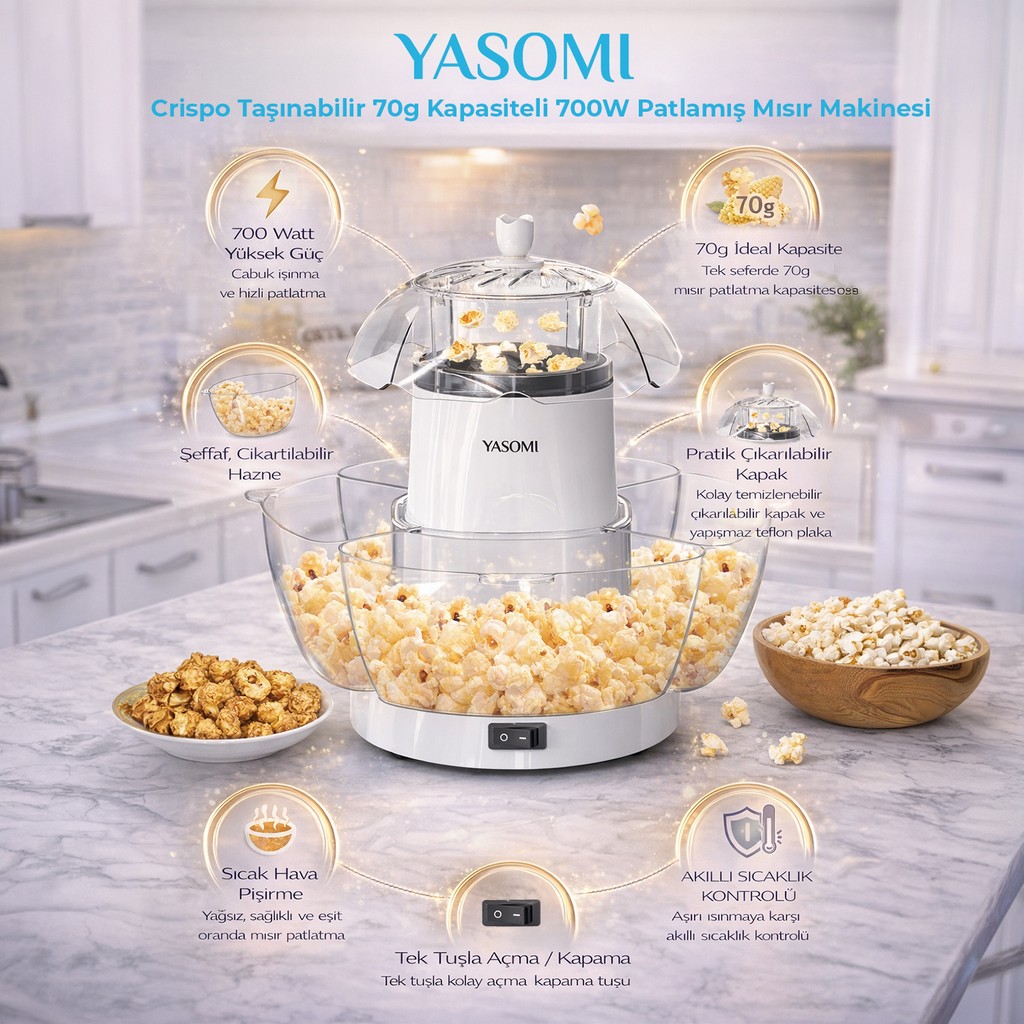 Yasomi Crispo Taşınabilir 70G Kapasiteli 700W Patlamış Mısır makinesi - Beyaz Mısır Patlatma Makineleri Fiyatı
