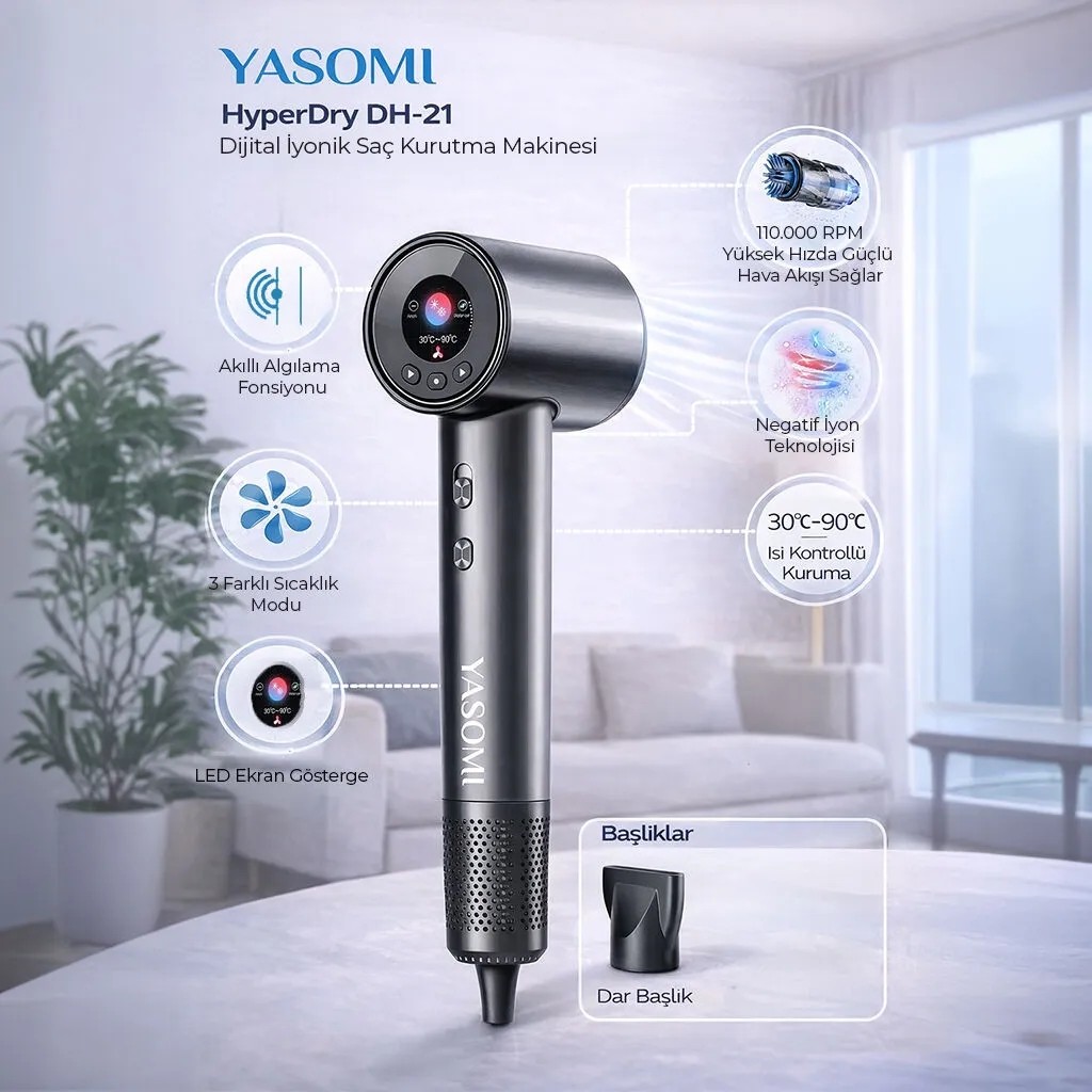 Yasomi Dh-21 Hyperdry Dijital Iyonik Saç Kurutma Makinesi – 110.000 Rpm, Isı Kontrollü - Siyah Saç Kurutma Makineleri Fiyatı