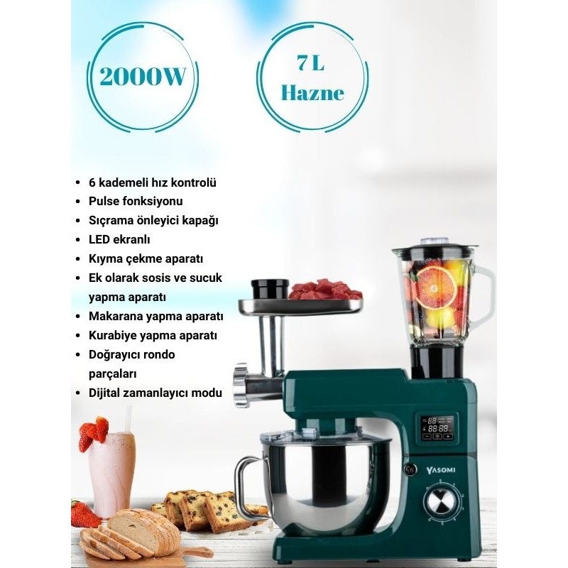 Yasomi Sm 1511BML LED Ekranlı Kıyma Çekme Aparatlı Blender Stand Mikser Mutfak Şefi - Yeşil Blenderler Fiyatı