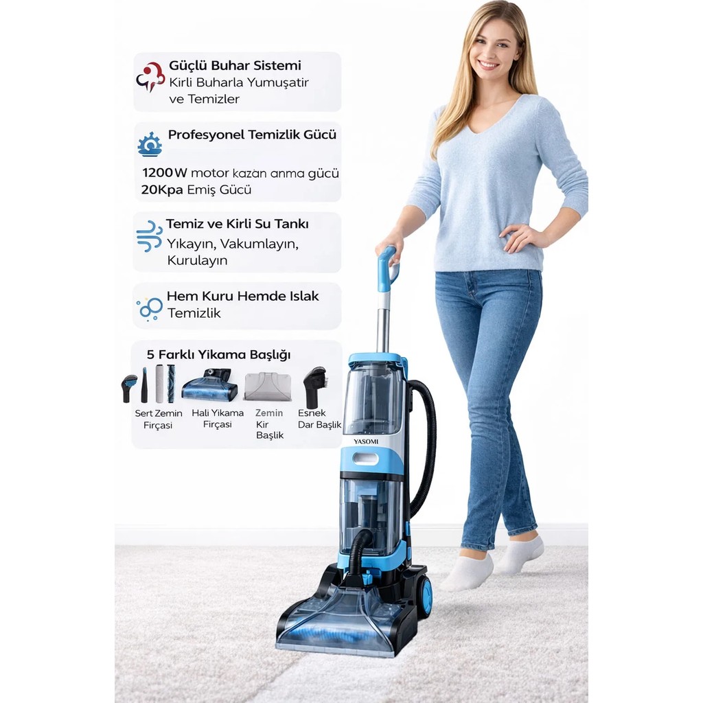 Yasomi T20 Pro HydroStream 20kPa Buhar Fonksiyonlu Dikey Halı Yıkama Koltuk Yıkama ve Buharlı Paspas Makinesi - Mavi - Beyaz Araca Özel Paspaslar Fiyatı