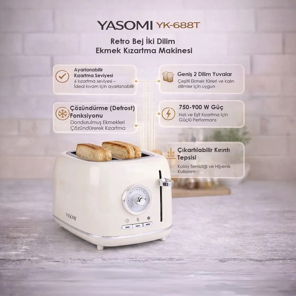 Yasomi YK-688T Retro İki Dilim Ekmek Kızartma Makinesi - Bej Diğer Fiyatı