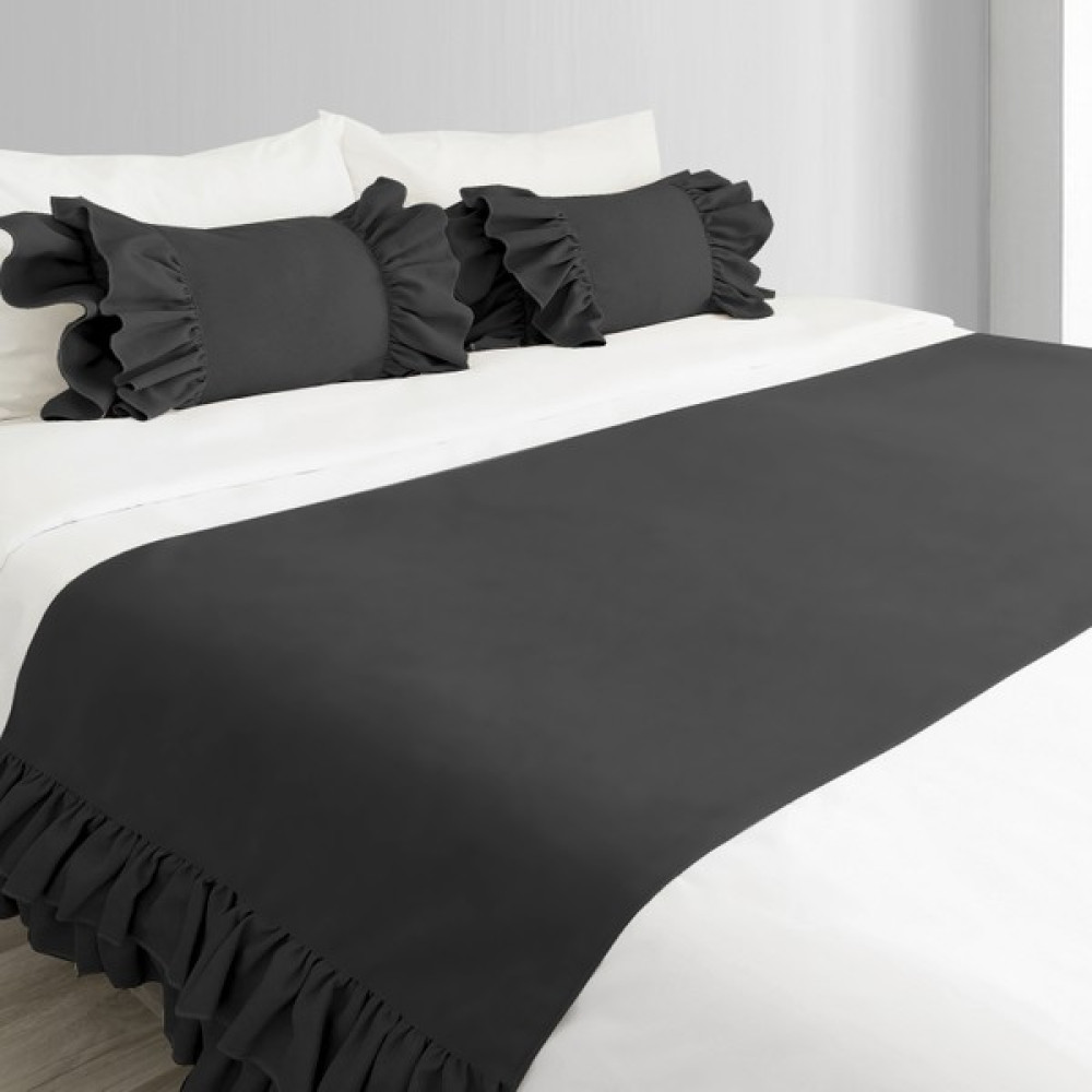 Yatak Runner & Iç Dolgulu Kırlent Seti Fırfırlı Siyah - 70 x 240 cm Yatak Örtüsü Fiyatı